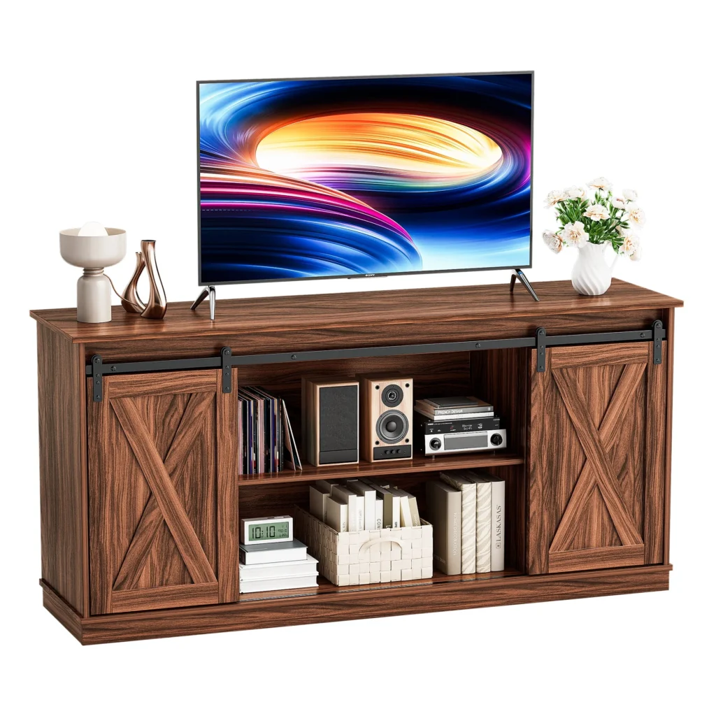 EDX Modern 65″ TV Stand with Sliding Barn Doors – White Storage — close-up detail of design and finish