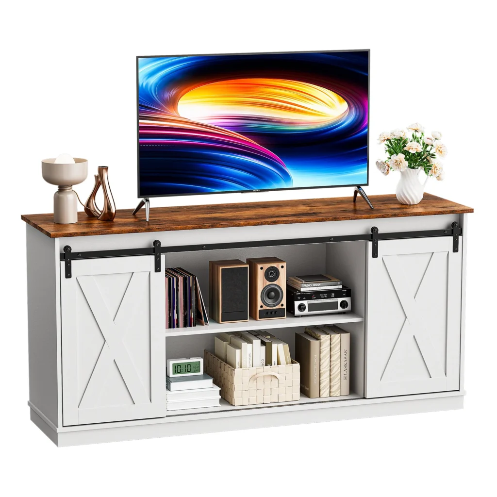 EDX TV Stand for 65 TV Modern Entertainment Center for Living Room TV Console Table with Storage Cabnets and Sliding Barn Doors White