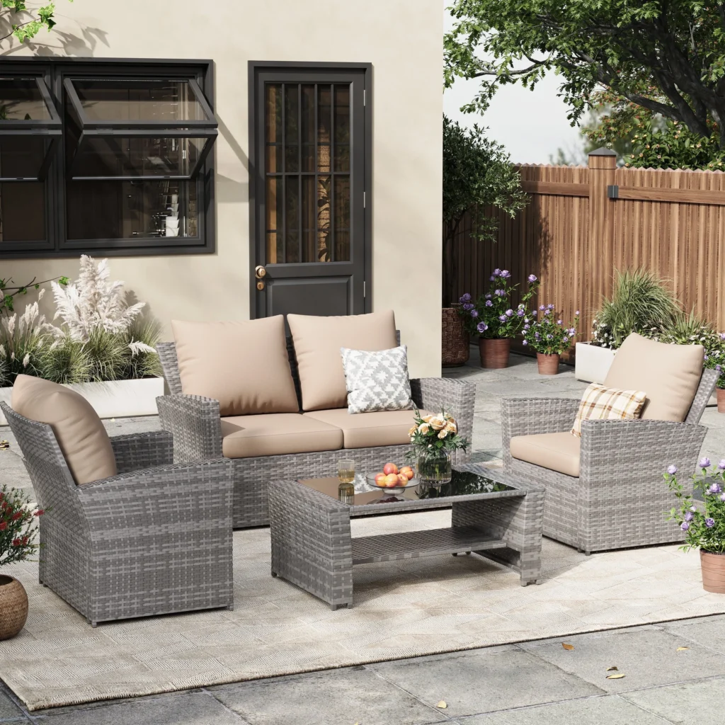 ELPOSUN Wicker Patio Furniture Set 4 Piece Outdoor Sectional Conversation Sets Gray PE Rattan Patio Sofa Set for Balcony Porch Backyard Khaki — close-up detail of design and finish