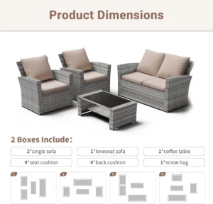 ELPOSUN Wicker Patio Furniture Set 4 Piece Outdoor Sectional Conversation Sets Gray PE Rattan Patio Sofa Set for Balcony Porch Backyard Khaki