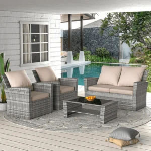 ELPOSUN Wicker Patio Furniture Set 4 Piece Outdoor Sectional Conversation Sets Gray PE Rattan Patio Sofa Set for Balcony Porch Backyard Khaki