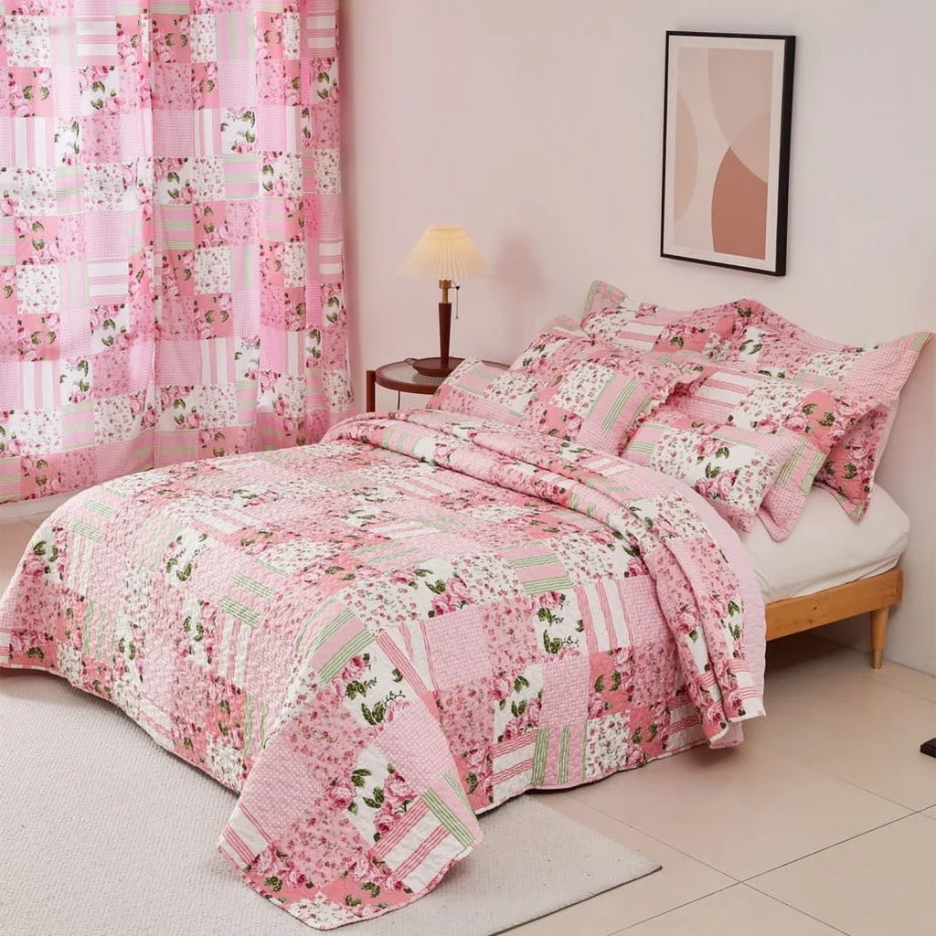 Evenhug Quilts 3 Piece Pink Patchwork Floral Quilt Set With Shams