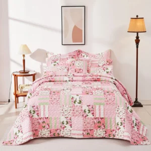 Evenhug Quilts 3 Piece Pink Patchwork Floral Quilt Set With Shams