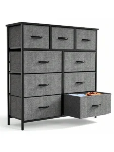 Fabric Storage Dresser with 9 Drawers Steel Frame and Wooden Top for Bedroom Closet Entryway and Nursery Gray
