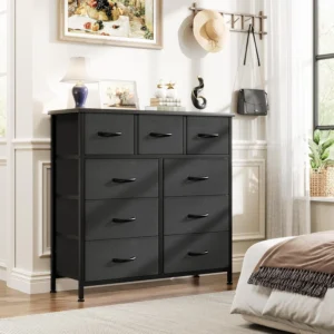Fabric Storage Dresser with 9 Drawers Steel Frame and Wooden Top for Bedroom Closet Entryway and Nursery Gray