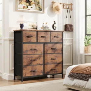 Fabric Storage Dresser with 9 Drawers Steel Frame and Wooden Top for Bedroom Closet Entryway and Nursery Gray