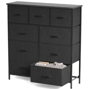 Fabric Storage Dresser with 9 Drawers Steel Frame and Wooden Top for Bedroom Closet Entryway and Nursery Gray