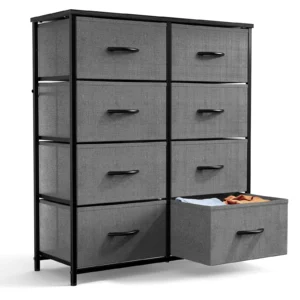 Fabric Storage Dresser with 9 Drawers Steel Frame and Wooden Top for Bedroom Closet Entryway and Nursery Gray