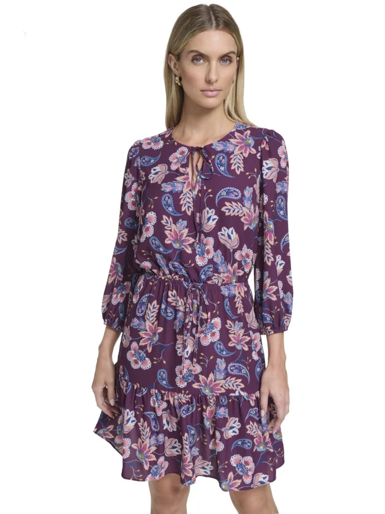 Falling Flowers Women s Blouson Tiered Dress Sizes XS XL