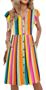 Fantaslook Women Summer Dresses V Neck Ruffle Sleeve Casual Flowy Sundresses Button Floral Midi Dress with Pockets
