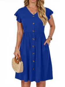 Fantaslook Women Summer Dresses V Neck Ruffle Sleeve Casual Flowy Sundresses Button Floral Midi Dress with Pockets