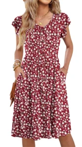 Fantaslook Women Summer Dresses V Neck Ruffle Sleeve Casual Flowy Sundresses Button Floral Midi Dress with Pockets