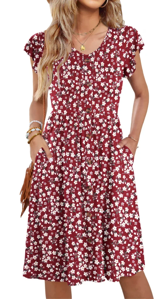 Fantaslook Women Summer Dresses V Neck Ruffle Sleeve Casual Flowy Sundresses Button Floral Midi Dress with Pockets