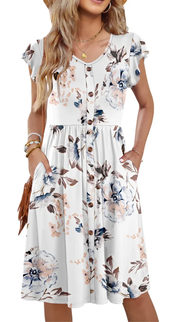 Fantaslook V-Neck Ruffle Sleeve Midi Dress – Flowy Floral Sundress with Pockets — alternate angle showing full product