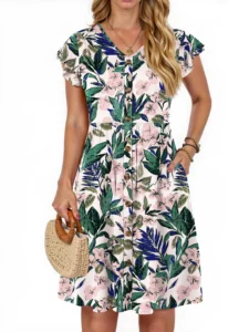 Fantaslook Women Summer Dresses V Neck Ruffle Sleeve Casual Flowy Sundresses Button Floral Midi Dress with Pockets