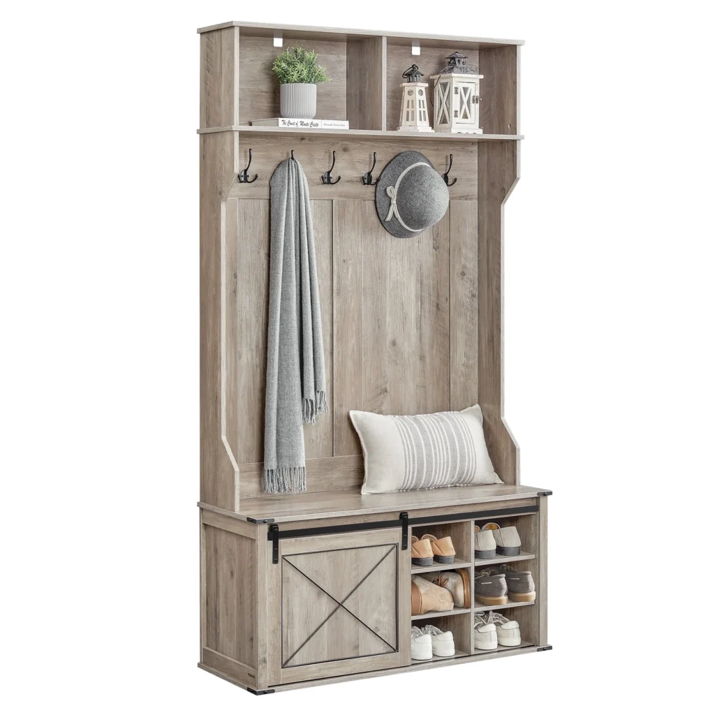 Farmhouse Hall Tree with Shoe Bench – Rustic White & Honey Brown