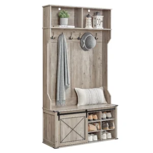 Farmhouse Hall Tree with Shoe Bench – Rustic White & Honey Brown