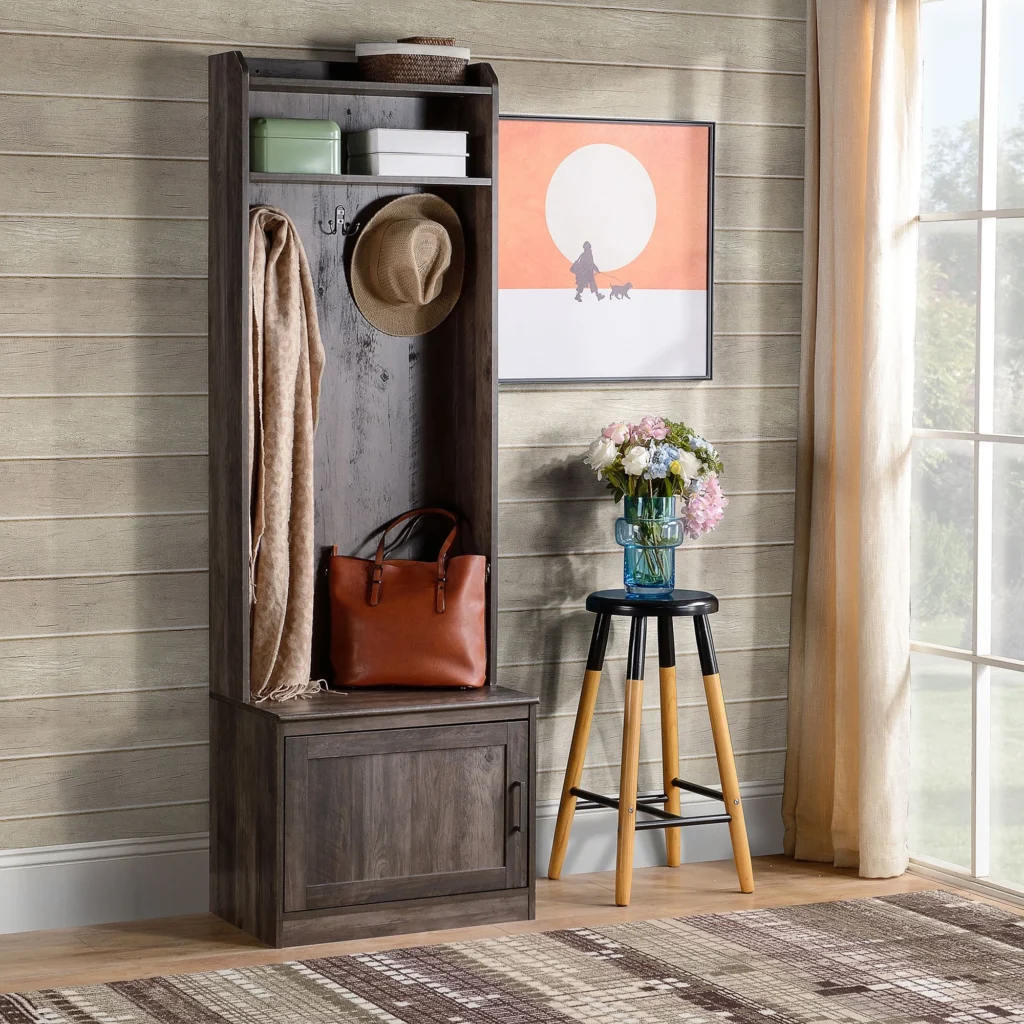 Farmhouse Hall Tree with Shoe Bench – Rustic White & Honey Brown β close-up detail of design and finish
