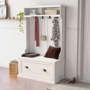 Farmhouse Hall Tree with Shoe Bench – Rustic White & Honey Brown