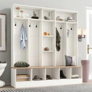 Farmhouse Hall Tree with Shoe Bench – Rustic White & Honey Brown
