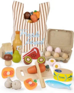 Fisher Price Wooden Picnic Basket and Food Pretend Play Set for Preschool Kids 31 Pieces