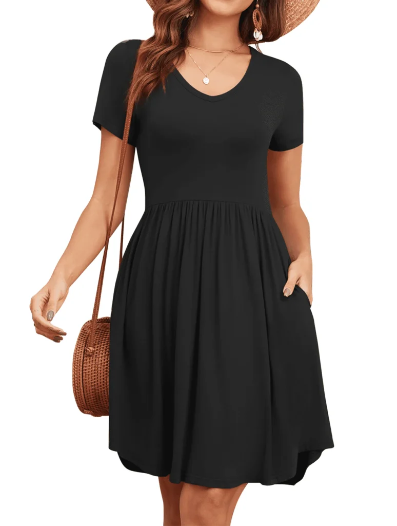 FIUFY Womens Short Sleeve Dresses Casual Loose Fit Swing T Shirt Dress V Neck Sundress with Pockets