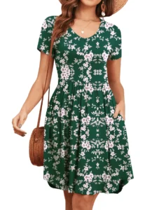 FIUFY Womens Short Sleeve Dresses Casual Loose Fit Swing T Shirt Dress V Neck Sundress with Pockets