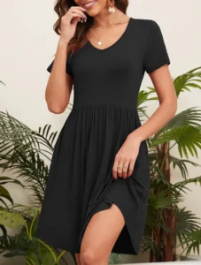 FIUFY Womens Short Sleeve Dresses Casual Loose Fit Swing T Shirt Dress V Neck Sundress with Pockets