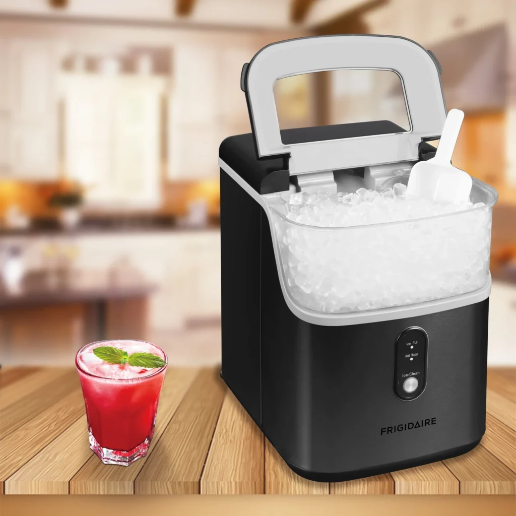 Frigidaire Nugget Ice Maker – 33lb Black Stainless Countertop Unit β alternate angle showing full product