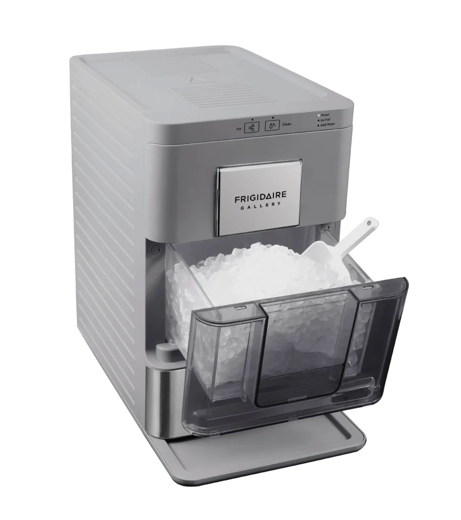 Frigidaire Gallery 28 Lbs Nugget Ice Maker – Red Stainless Steel Touchscreen — close-up detail of design and finish