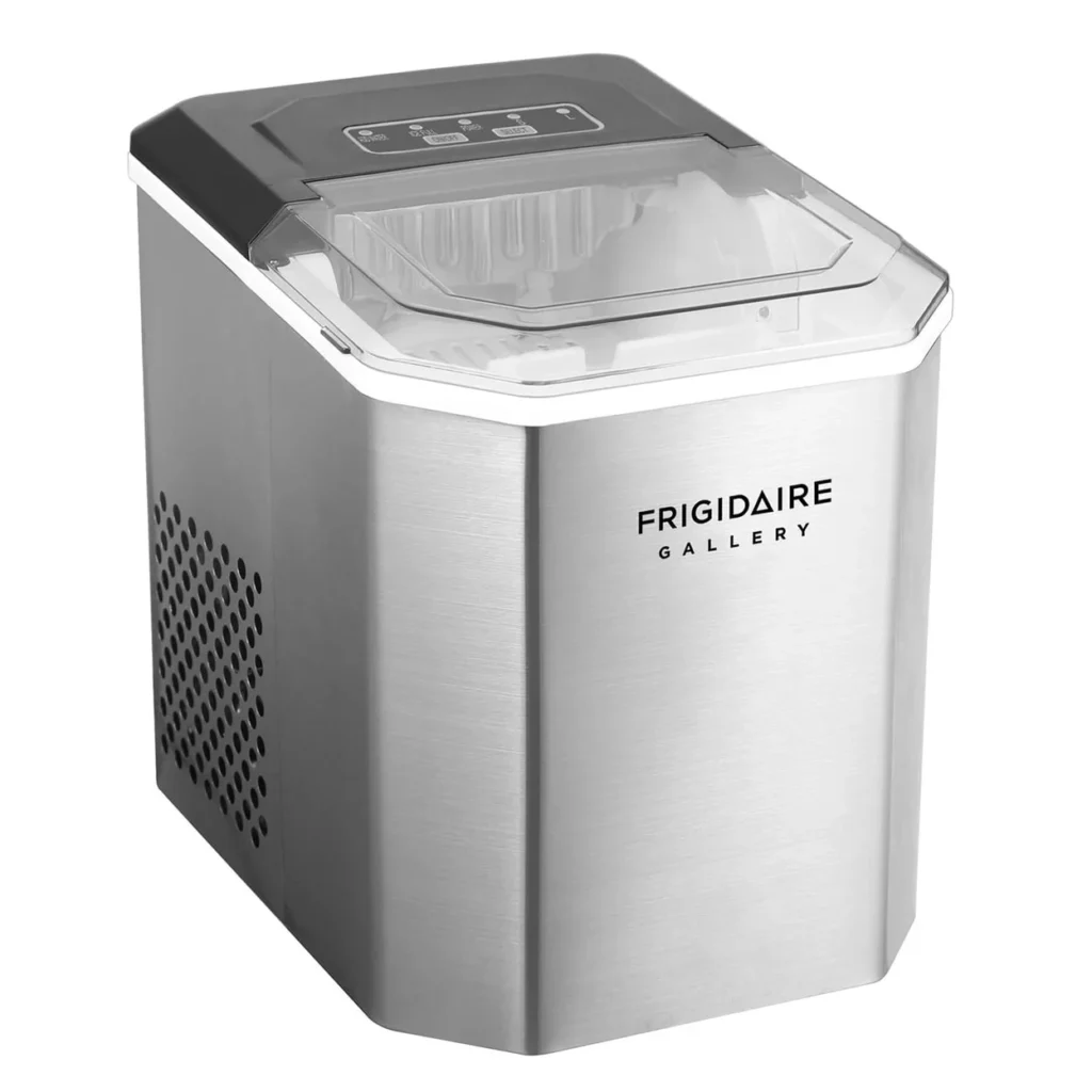 Frigidaire Gallery 28 Lbs Nugget Ice Maker – Red Stainless Steel Touchscreen — alternate angle showing full product