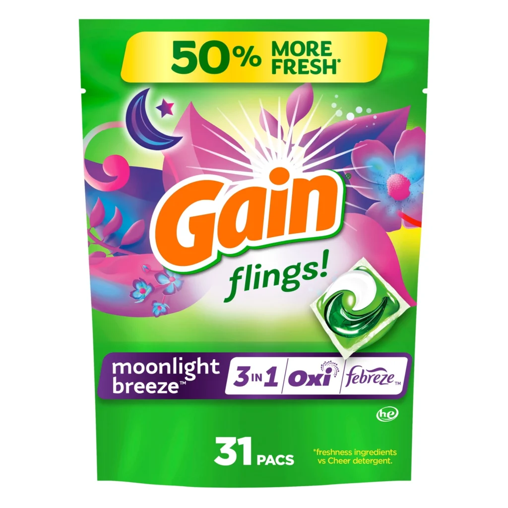 Gain Flings Laundry Detergent Packs with Oxi Boost and Febreze Moonlight Breeze Scent 60 Count — alternate angle showing full product