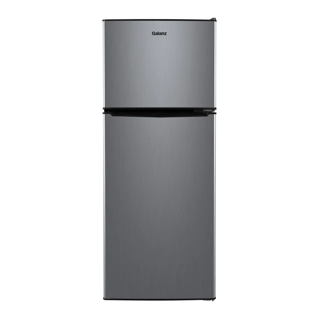 Galanz 4.6 Cu ft Two-Door Mini Refrigerator – Stainless Steel Freezer β close-up detail of design and finish