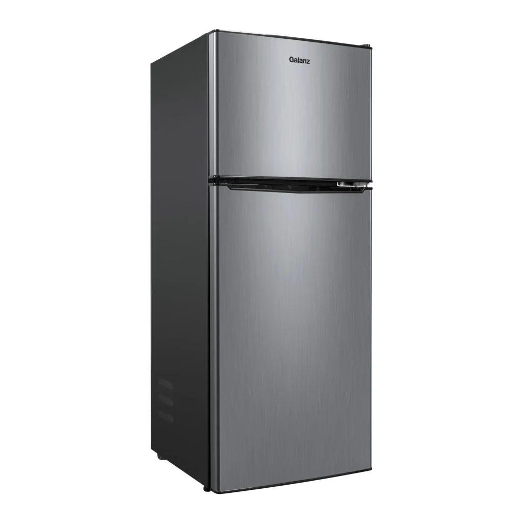 Galanz 4.6 Cu ft Two-Door Mini Refrigerator – Stainless Steel Freezer β alternate angle showing full product