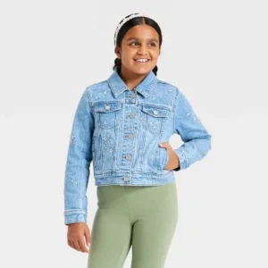 Girls’ Floral Embroidered Denim Jacket- Cat & Jack™ Medium Wash M