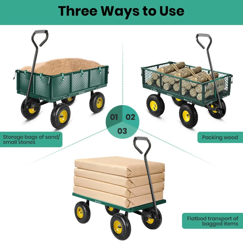 GVDV Heavy-Duty Steel Garden Cart – 660lb Capacity, All-Terrain Wheels — close-up detail of design and finish