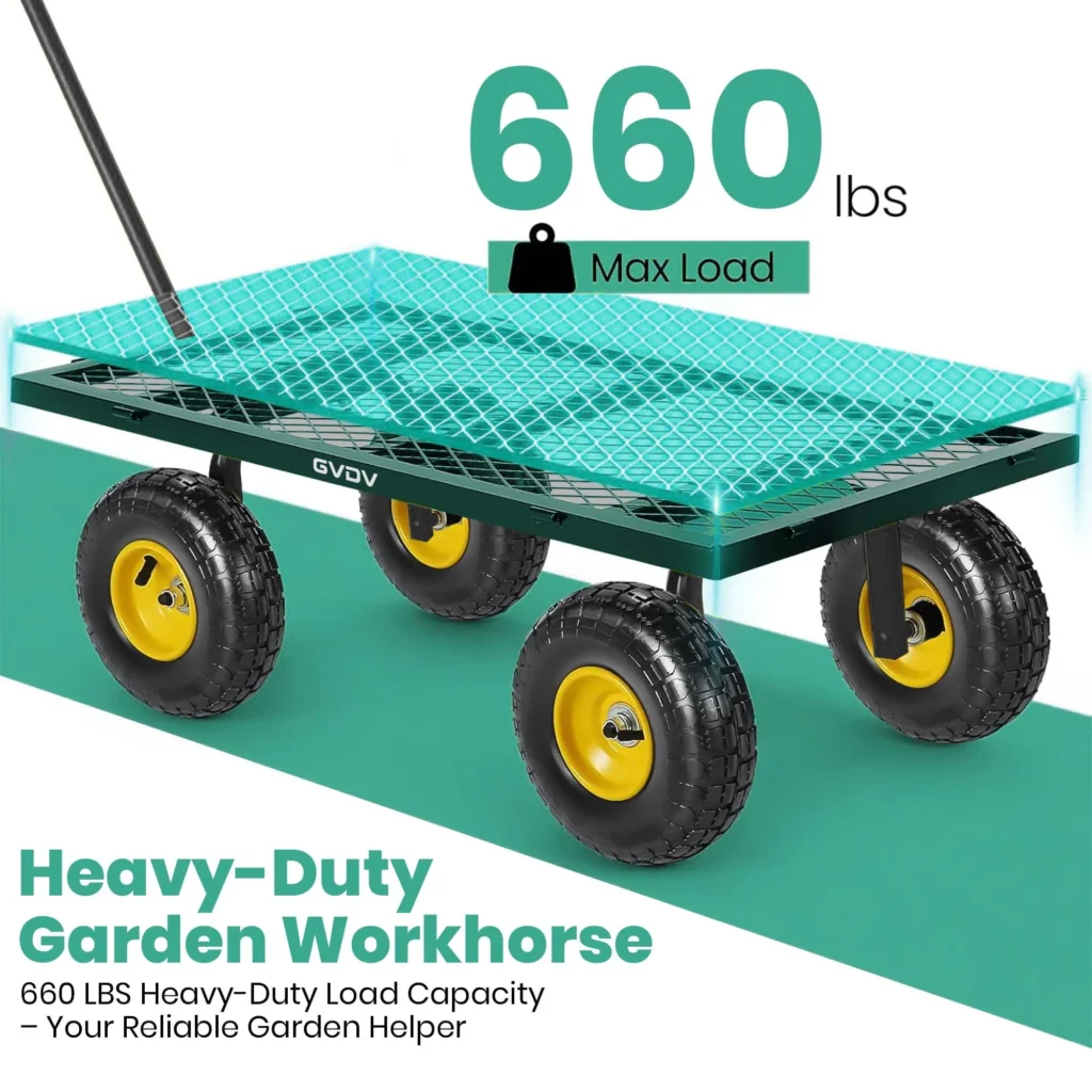 GVDV Heavy-Duty Steel Garden Cart – 660lb Capacity, All-Terrain Wheels — alternate angle showing full product
