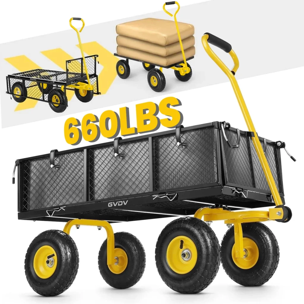 GVDV Heavy Duty Steel Garden Cart Liner 660lbs Capacity 3 Cu ft 10 All Terrain Wheels Black Yellow Durable Utility Cart Yard Work Hauling Outdoor Use
