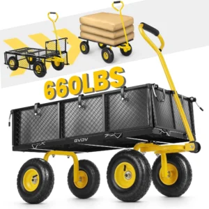 GVDV Heavy Duty Steel Garden Cart Liner 660lbs Capacity 3 Cu ft 10 All Terrain Wheels Black Yellow Durable Utility Cart Yard Work Hauling Outdoor Use