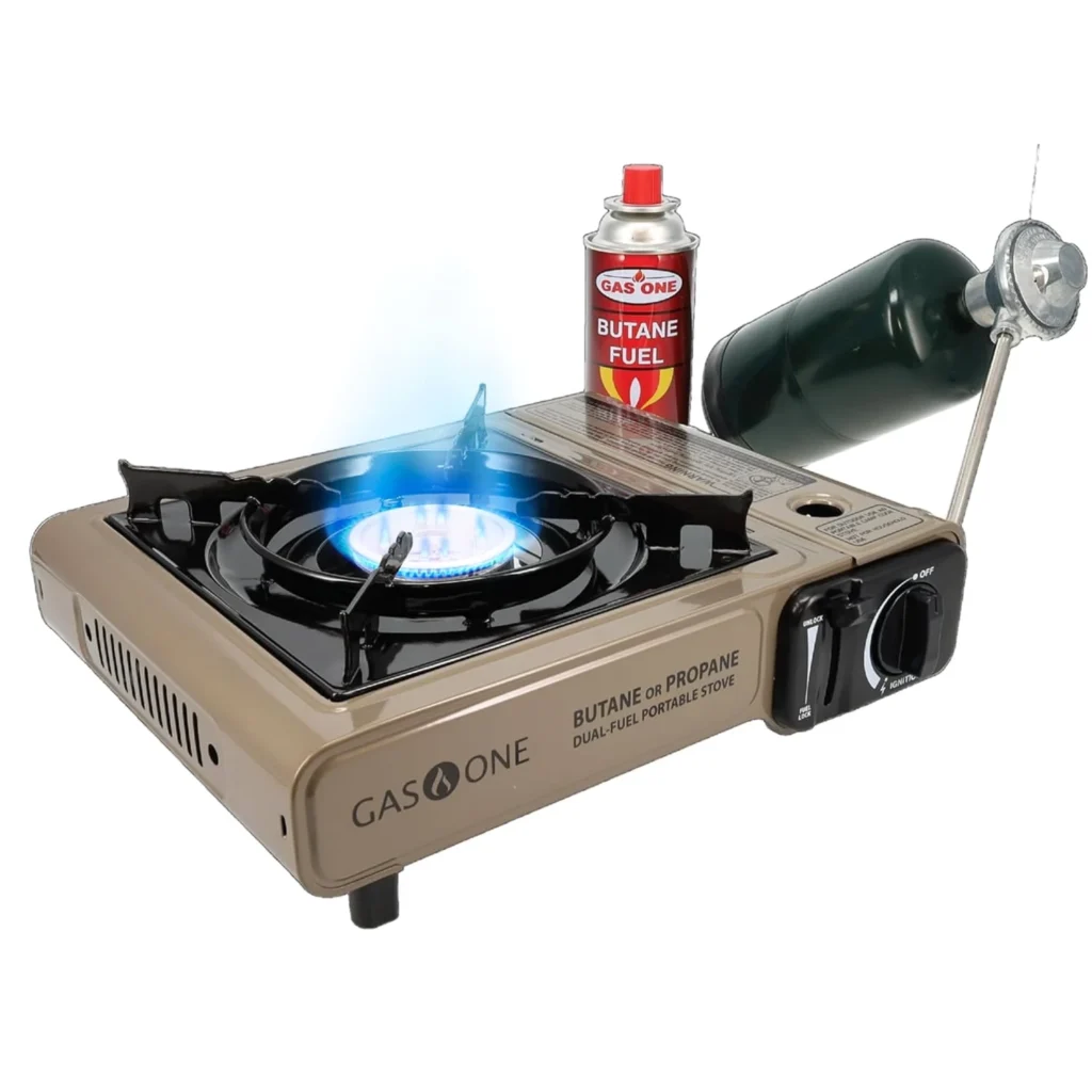 GVDV Portable 8530 BTU Butane Stove – Compact with Wind Protection — alternate angle showing full product