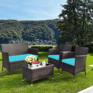 Gymax 4PCS Patio Rattan Conversation Furniture Set Outdoor Turquoise Cushioned 1
