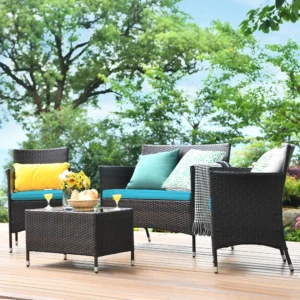 Gymax 4PCS Patio Rattan Conversation Furniture Set Outdoor Turquoise Cushioned 2