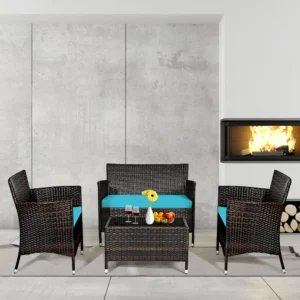Gymax 4PCS Patio Rattan Conversation Furniture Set Outdoor Turquoise Cushioned 3