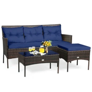 Gymax 4PCS Patio Rattan Conversation Furniture Set Outdoor Turquoise Cushioned 4