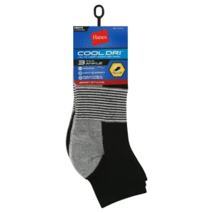 Hanes Men s Cool Dri Ankle Socks with Ventilation 3 Pack Black Assortment 6 12