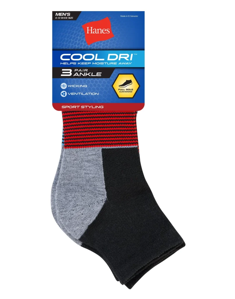Hanes Men s Cool Dri Ankle Socks with Ventilation 3 Pack Black Assortment 6 12