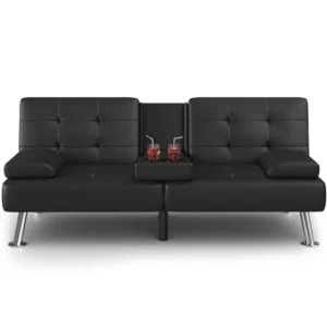 Homall Futon Sofa Bed Faux Leather Couch Modern Convertible Folding Recliner with 2 Cup Holders