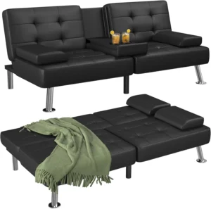 Homall Futon Sofa Bed Faux Leather Couch Modern Convertible Folding Recliner with 2 Cup Holders