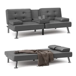 Homall Futon Sofa Bed Faux Leather Couch Modern Convertible Folding Recliner with 2 Cup Holders