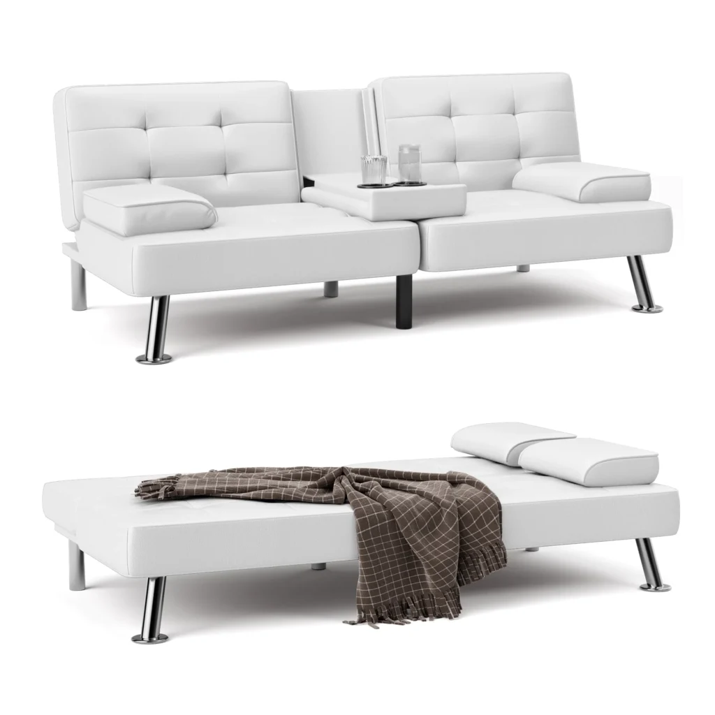 Homall Faux Leather Futon Sofa Bed – Convertible with Cupholders β alternate angle showing full product